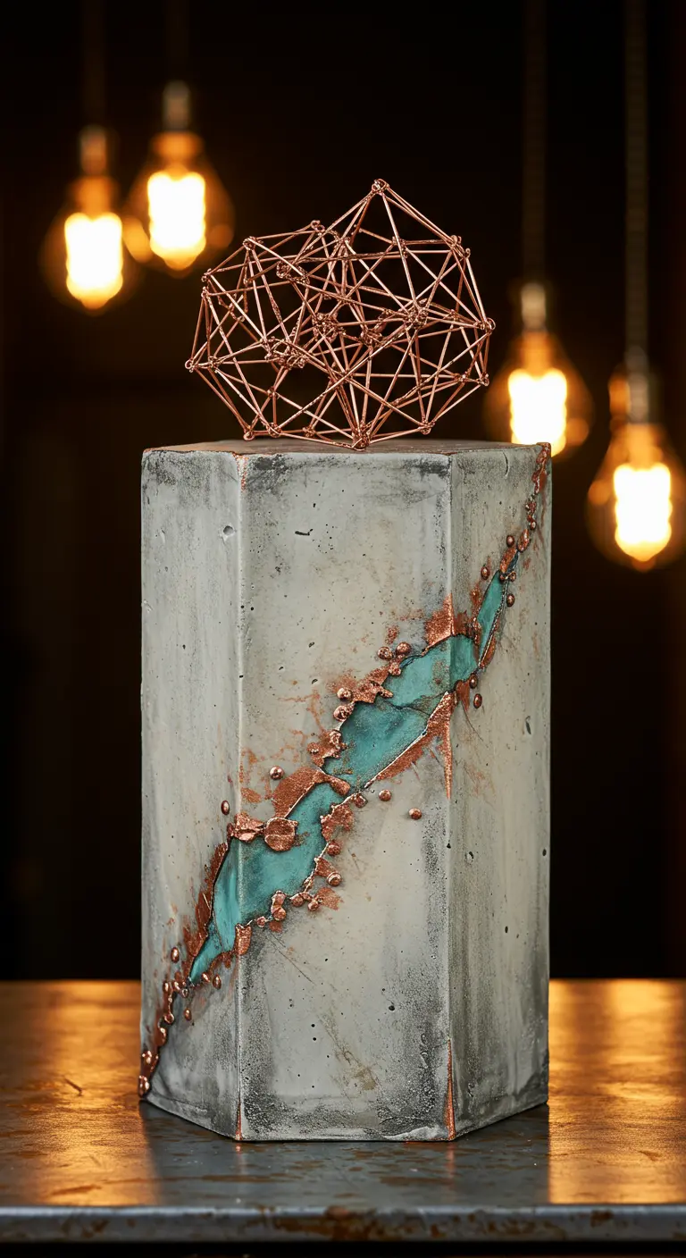 Hexagonale Torte in Betonoptik mit türkisfarbenem Kupferriss und geometrischem Kupfer-Topper.