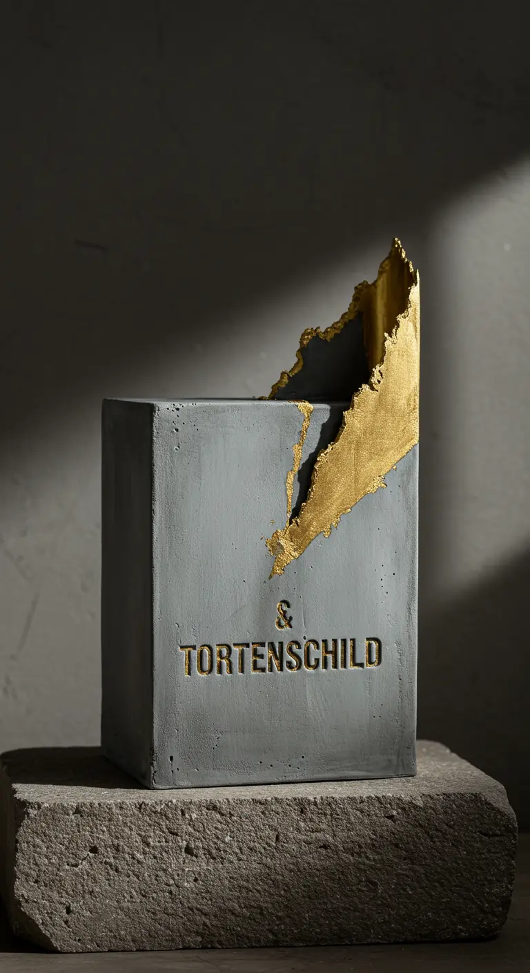 Graue Betontorte mit Goldriss und geprägtem Namen „TORTENSCHILD“.