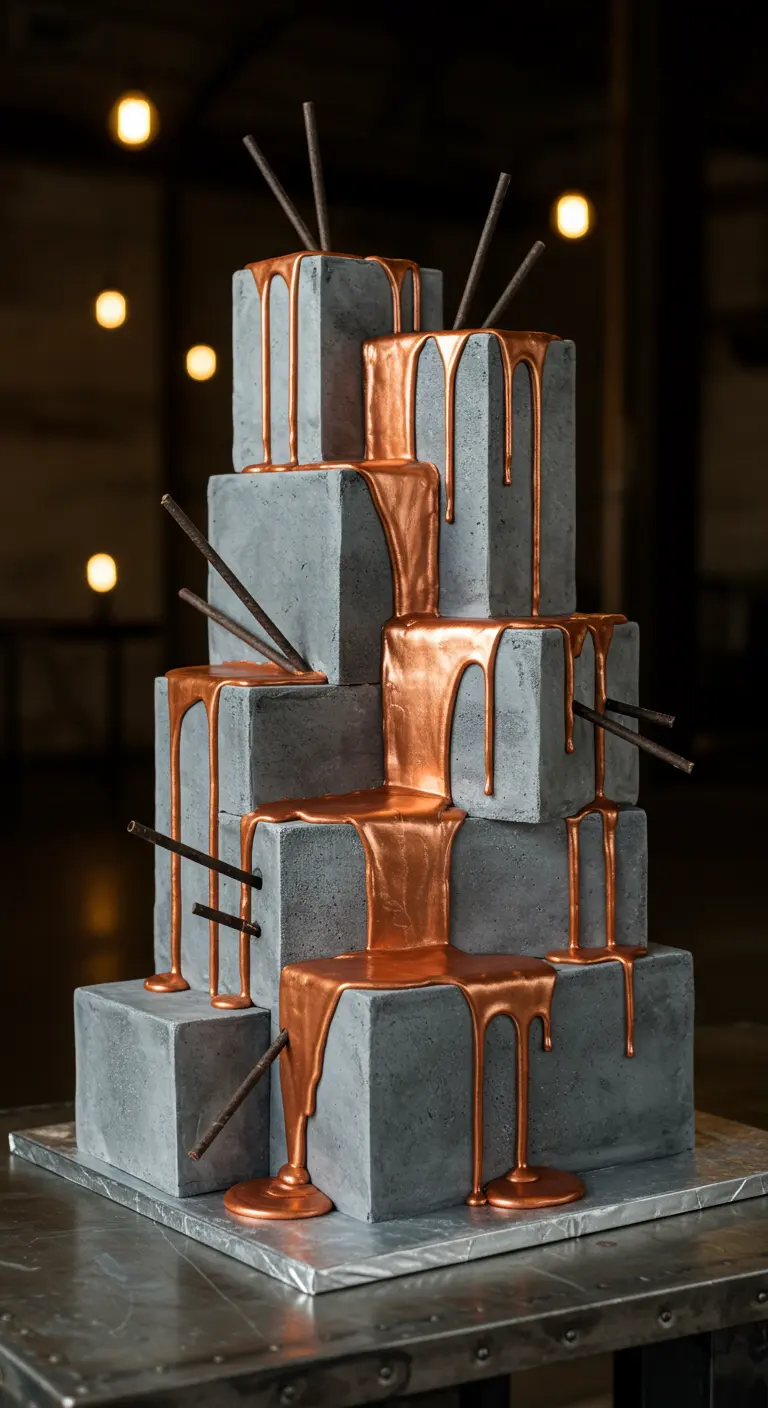 Graue Hochzeitstorte im Beton-Look mit tropfendem Kupfer-Drip und Schokostäbchen.