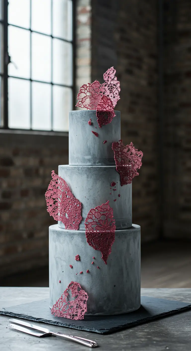 Dreistöckige Torte in Betonoptik mit fragmentierten, altrosa Spitzenelementen.