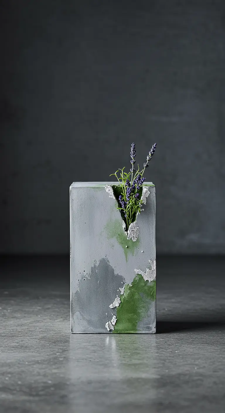 Rechteckige Torte in Betonoptik mit grünen und silbernen Akzenten und Lavendel.