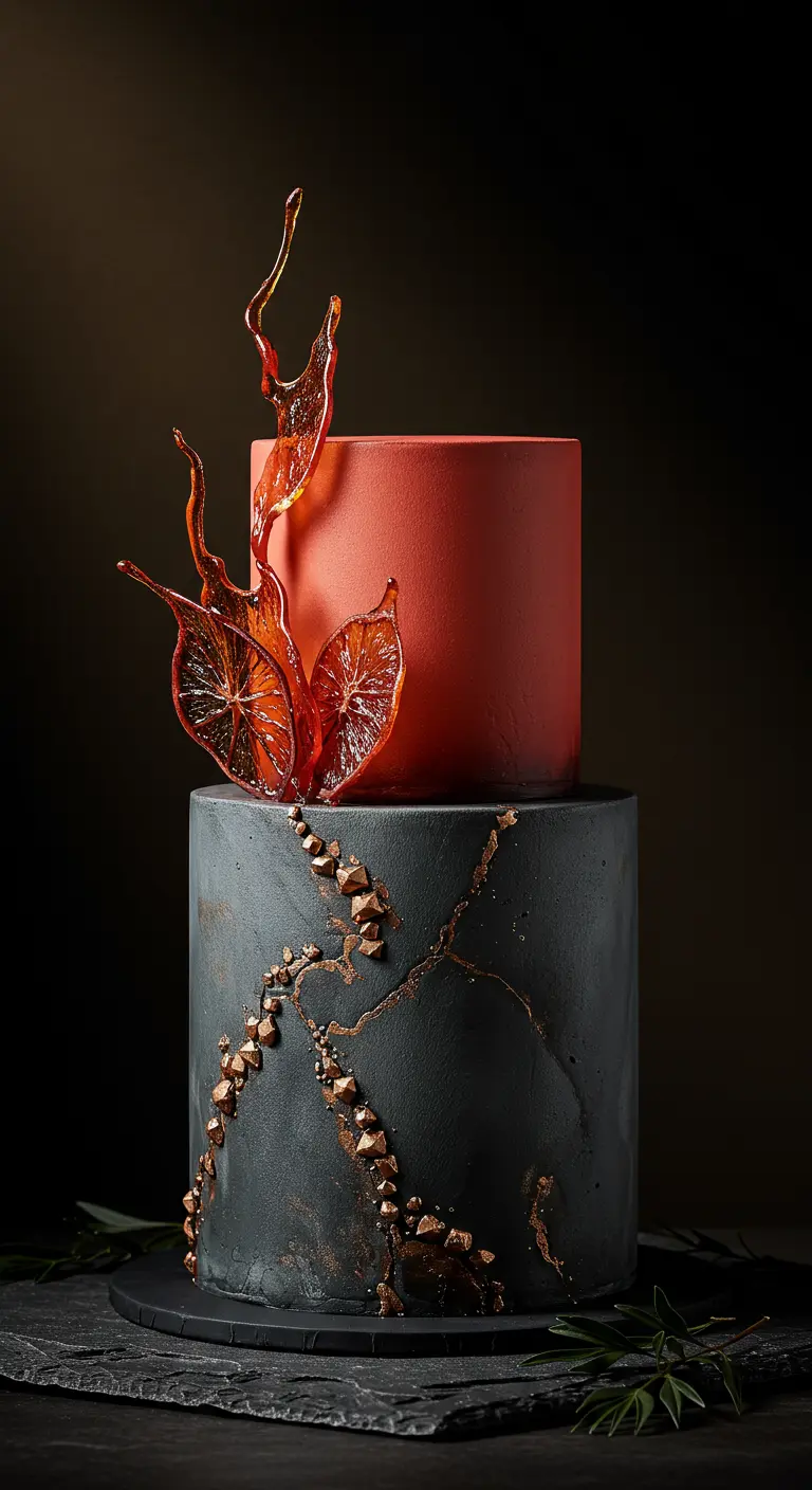 Zweistöckige Torte: unten grauer Marmor mit Kupfer, oben Terrakotta mit kandierten Orangenscheiben.