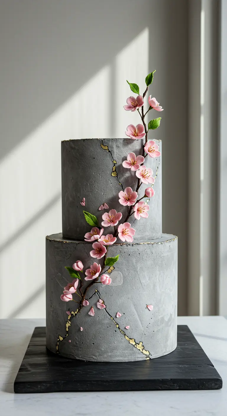 Zweistöckige graue Beton-Optik-Torte mit rosa Kirschblüten und Goldrissen.