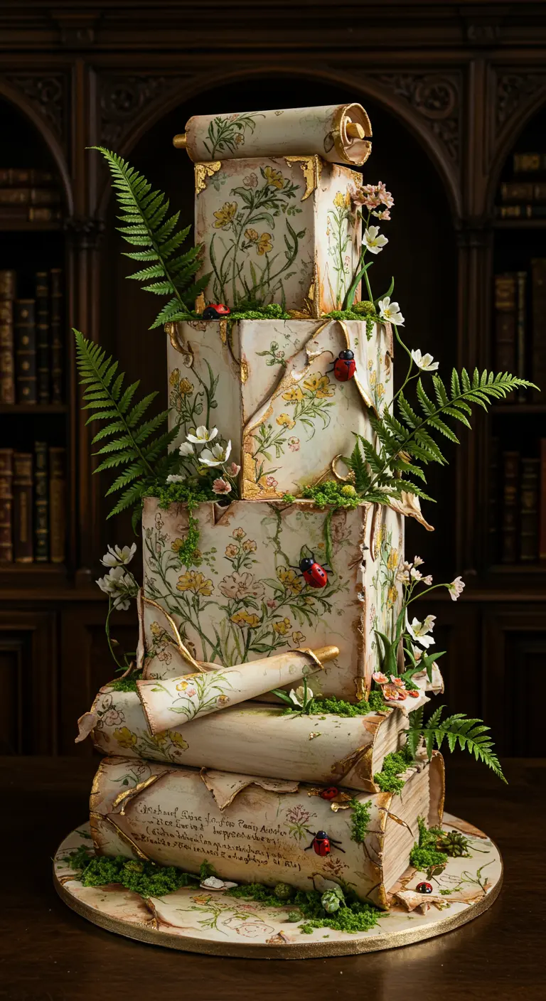 Quadratische Hochzeitstorte im Buch-Look mit handgemalten Blumen, Farnen und Marienkäfern.
