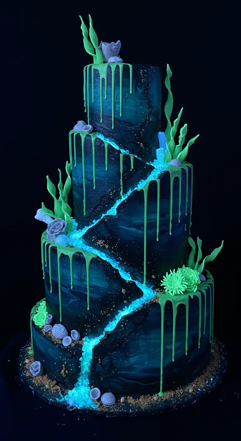 Dunkelblaue Hochzeitstorte mit leuchtend blau-grünem Drip und Meeresdeko, die an Biolumineszenz erinnert.
