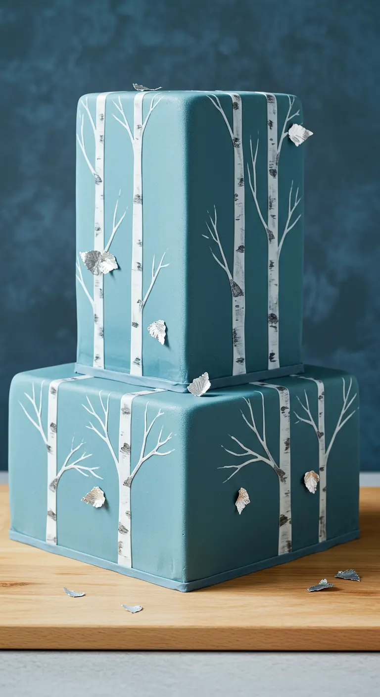 Zweistöckige quadratische Torte in blau-grau mit aufgemalten Birkenstämmen und Silberblättern.