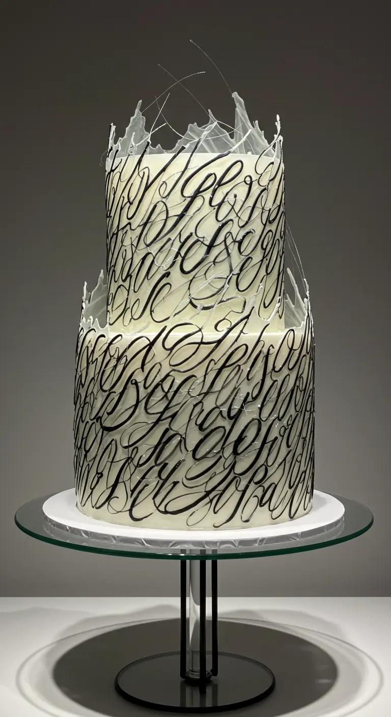 Zweistöckige weiße Torte mit schwarzem, überlappendem Kalligrafie-Muster und Zuckerglas-Details