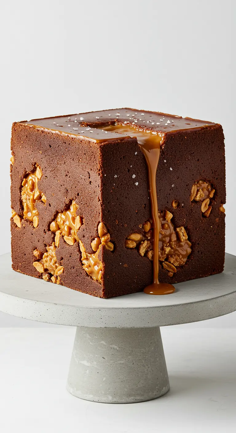 Kubischer Schokoladenkuchen mit Erdnusskrokant-Einschlüssen und Karamellguss.