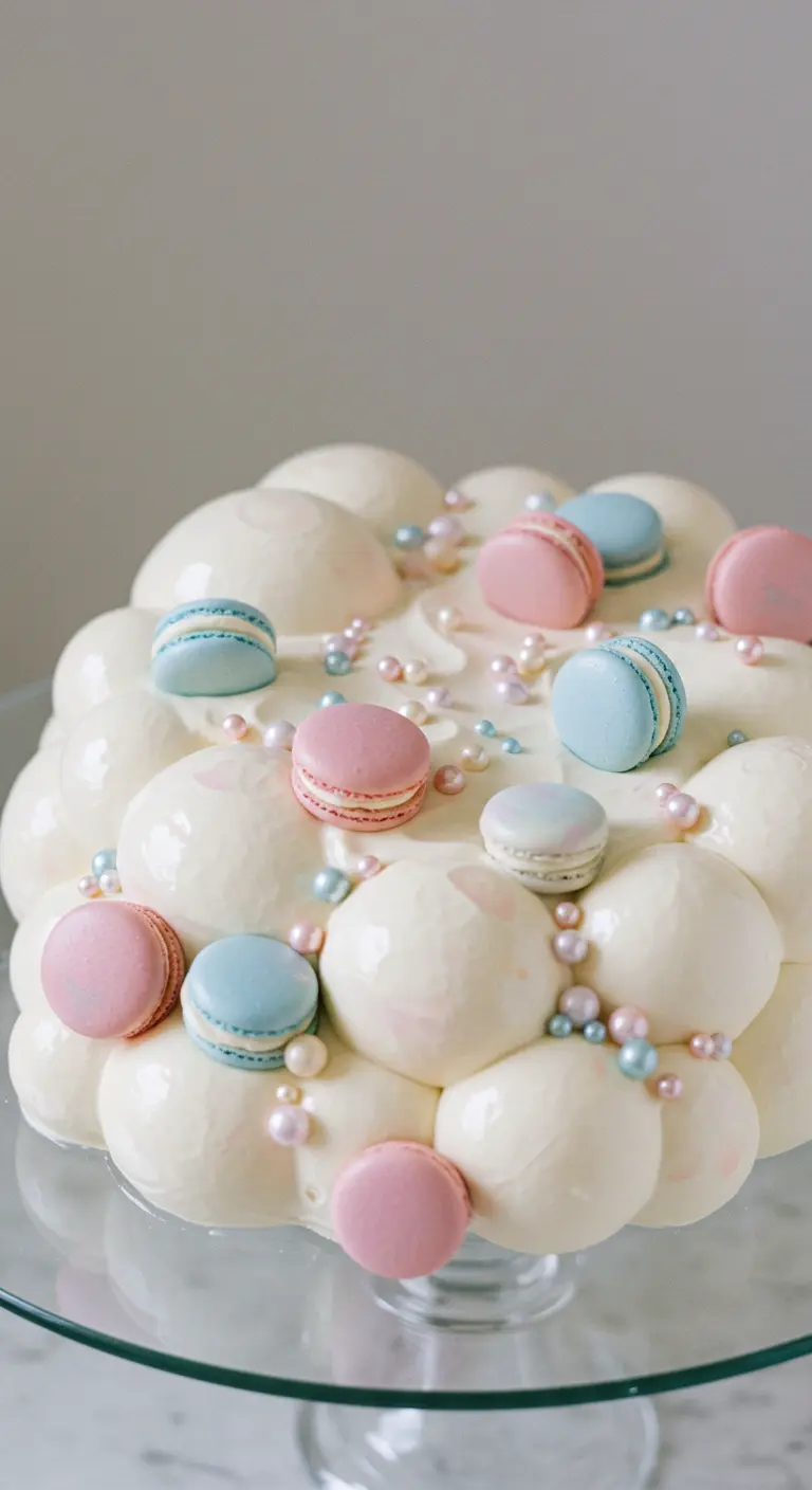 Weiße Torte mit 3D-Blasen, dekoriert mit rosa-blauen Macarons und Zuckerperlen.