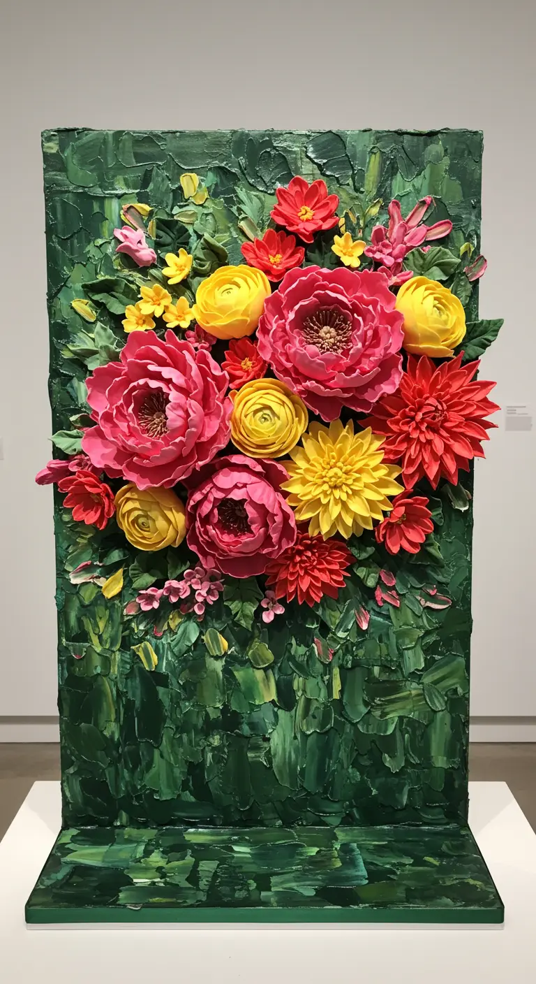 Rechteckige, vertikale Torte mit grüner, strukturierter Oberfläche und bunten, dichten Blüten.