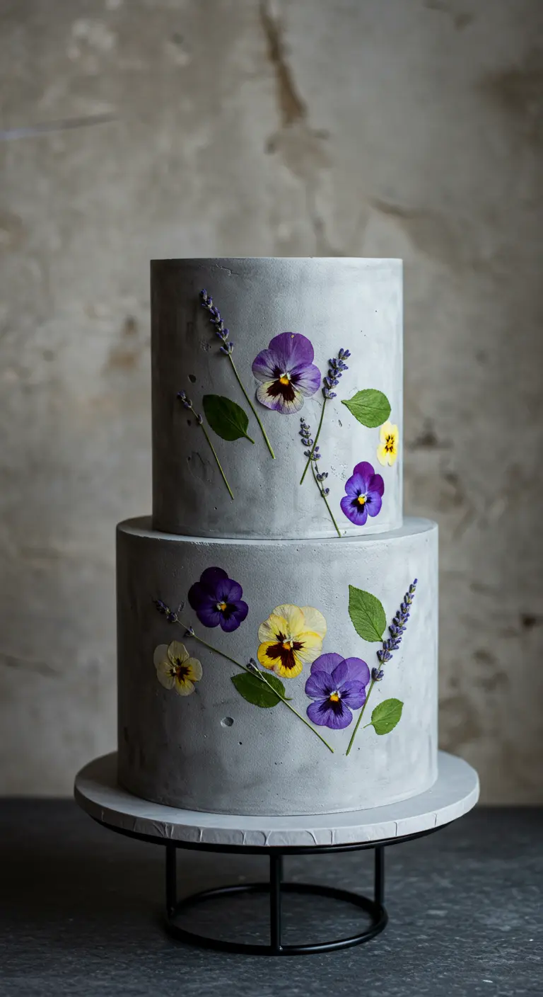 Zweistöckige graue Torte, dekoriert mit gepressten essbaren Stiefmütterchen und Lavendelblüten.