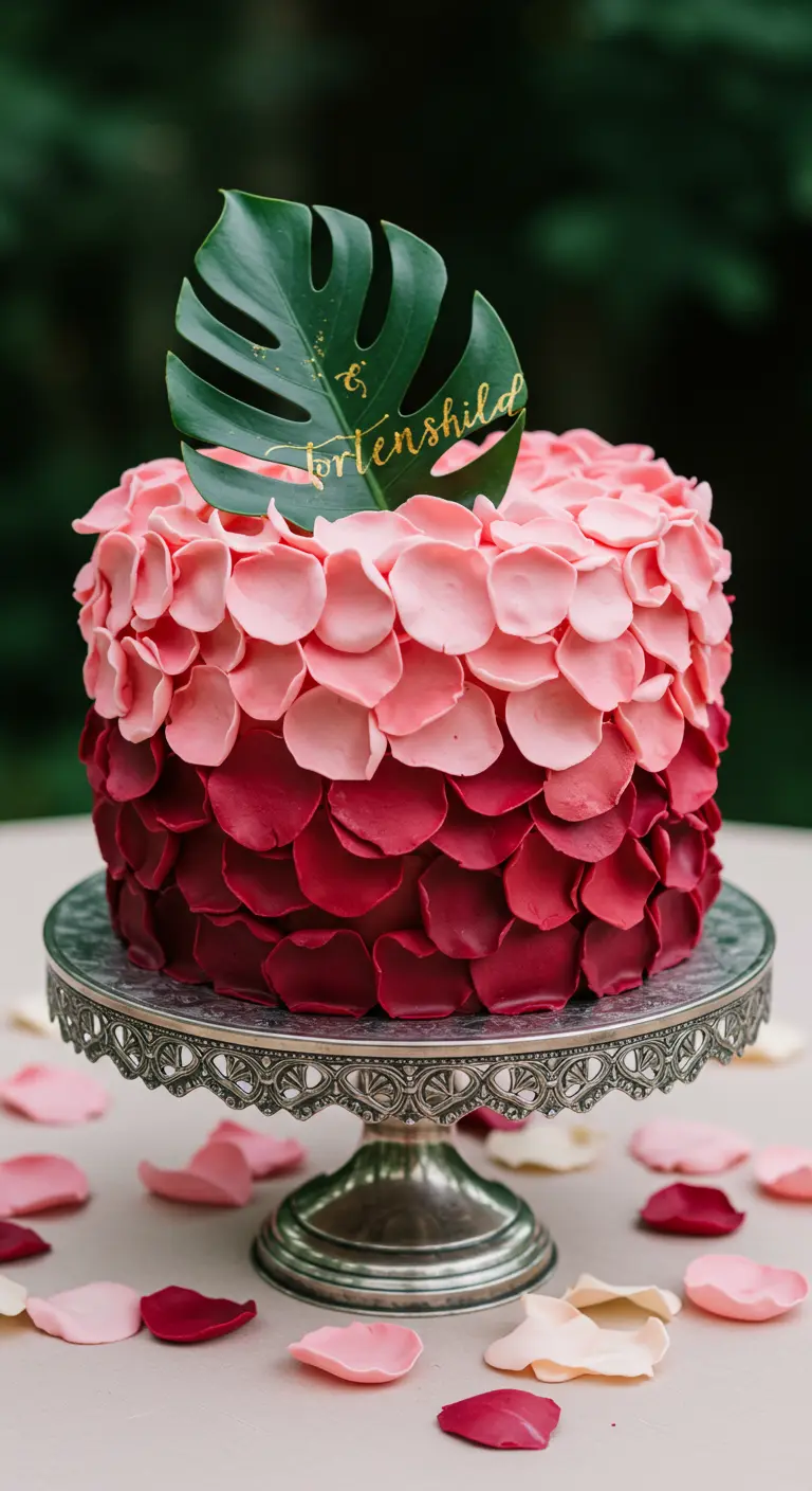 Ombré-Blütenblatttorte mit grünem Blatt-Topper und Gold-Schriftzug.
