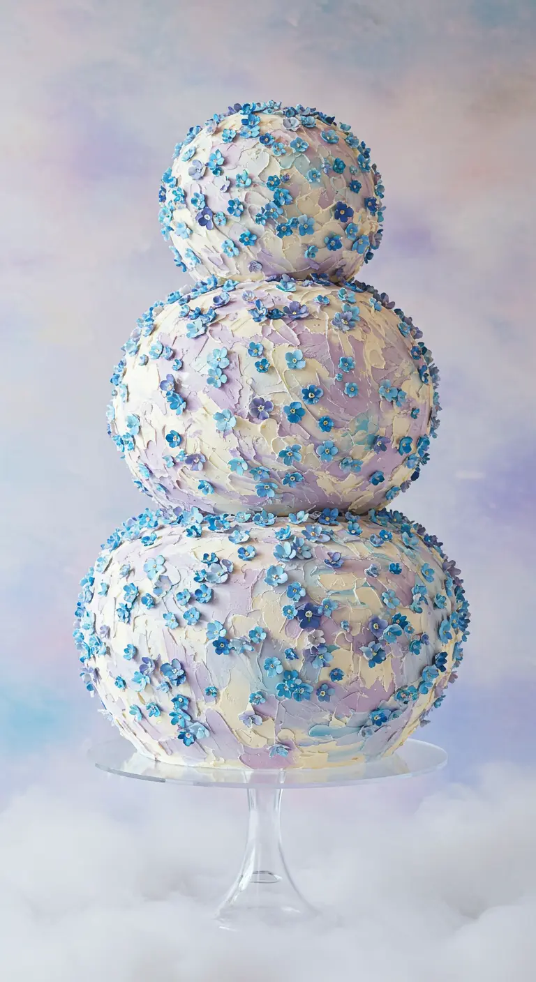 Dreistöckige Kugeltorte, überzogen mit pastellfarbener Buttercreme und kleinen blauen Zuckerblüten.