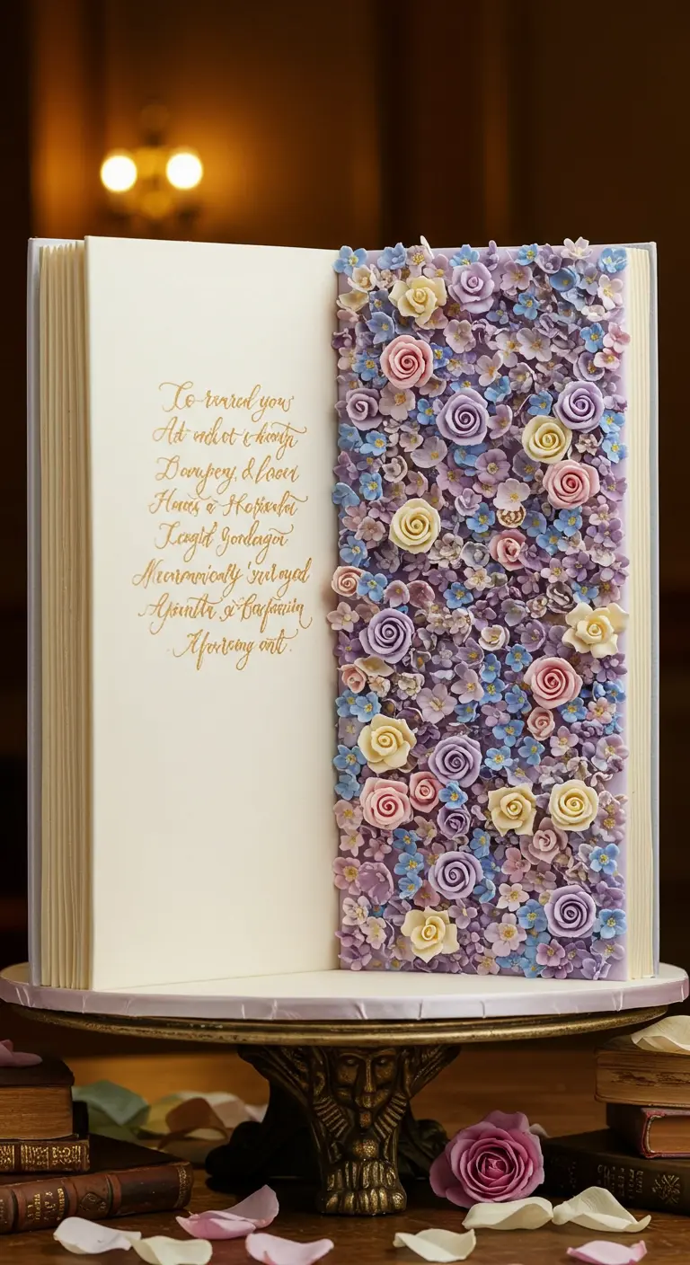 Hochzeitstorte in Form eines aufgeschlagenen Buches, eine Seite mit vielen kleinen bunten Zuckerblüten bedeckt.