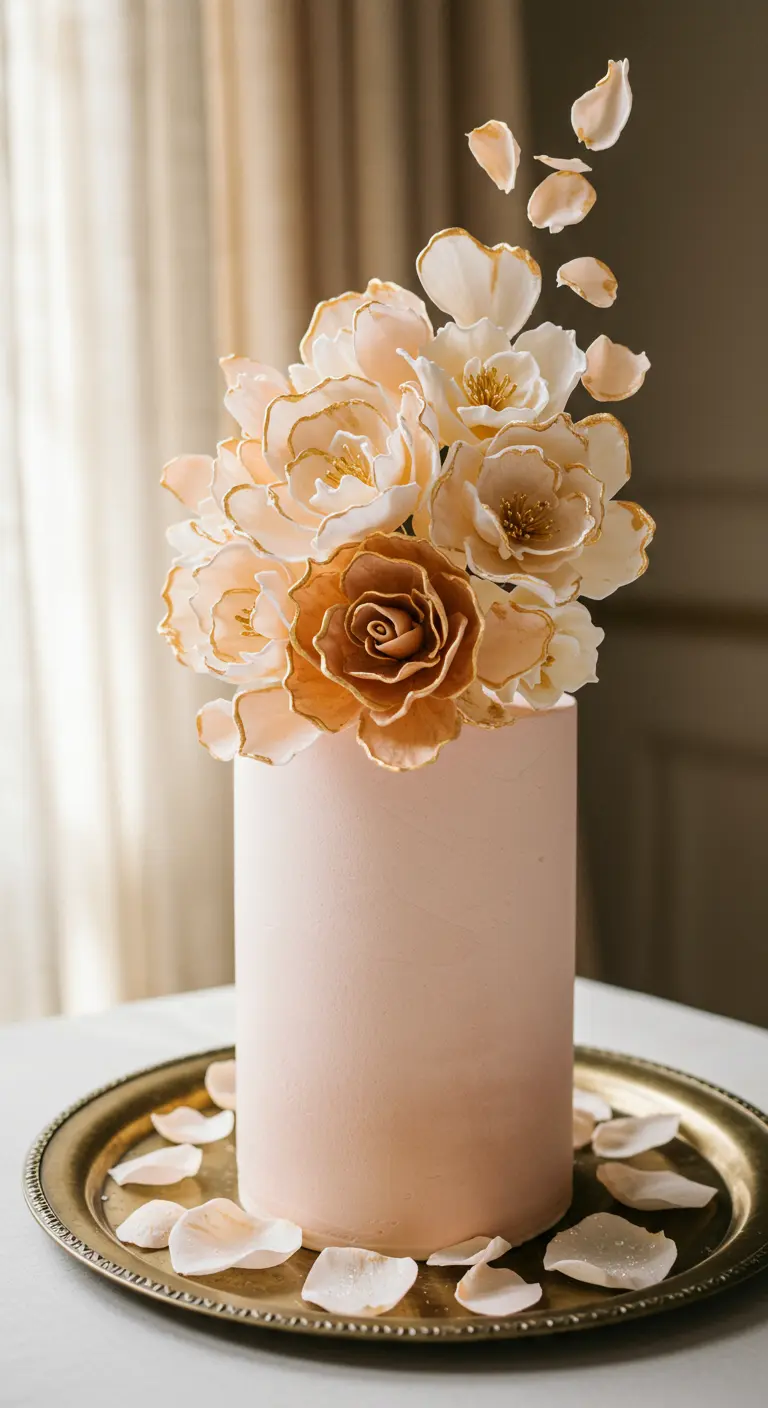 Hohe rosa Torte mit opulentem Bouquet aus weißen und goldenen Zuckerblüten.