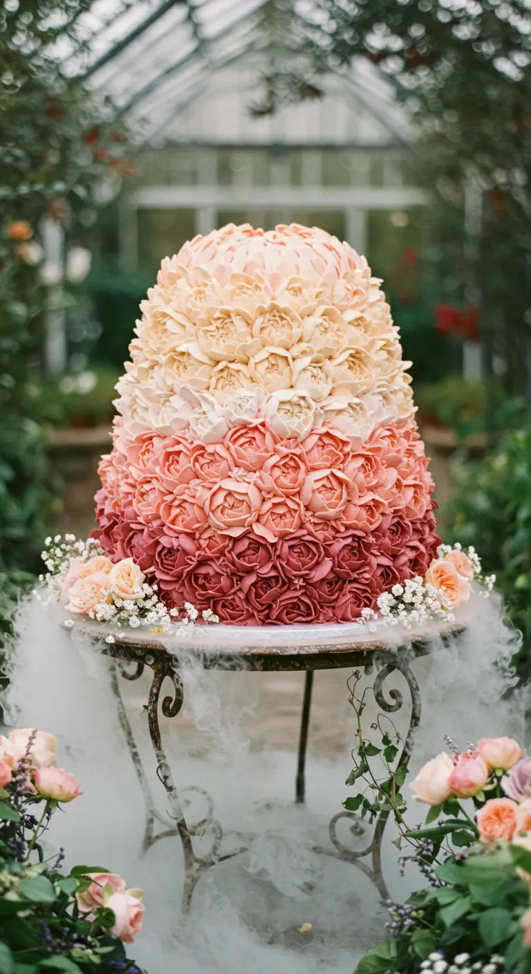 Ombre-Torte mit vielen kleinen Blüten in Rot- bis Cremetönen, von Nebel umgeben.
