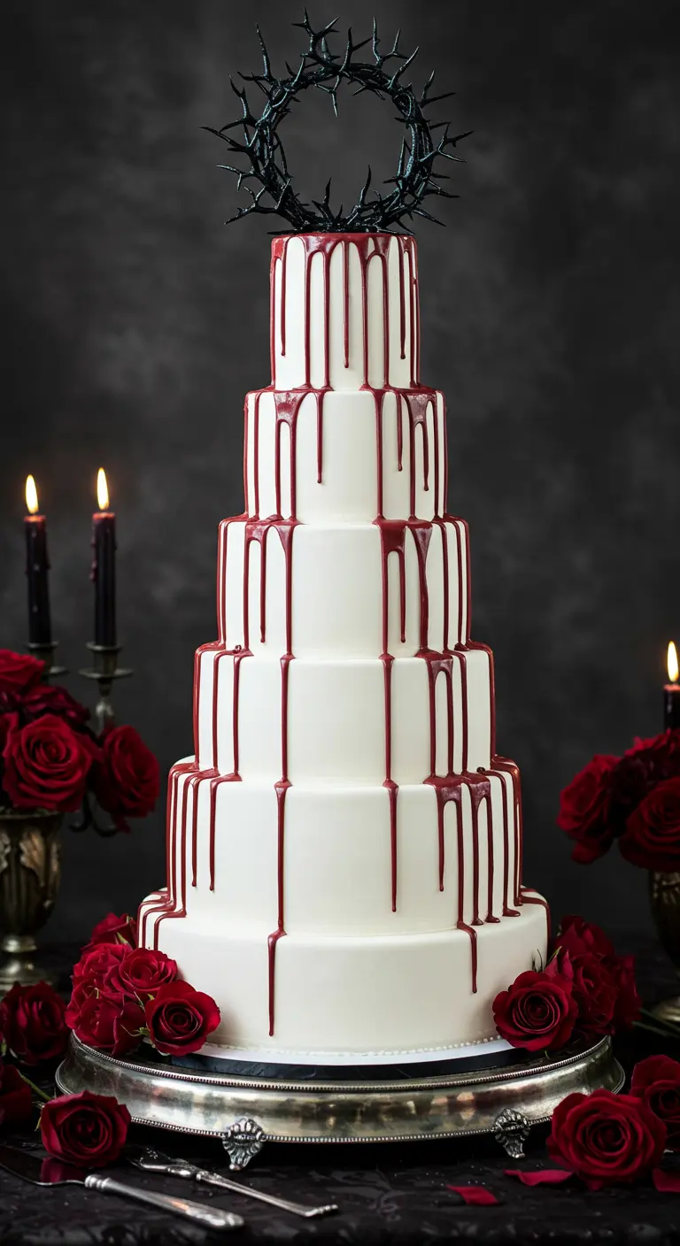 Mehrstöckige weiße Hochzeitstorte mit blutrotem Drip und schwarzer Dornenkrone.