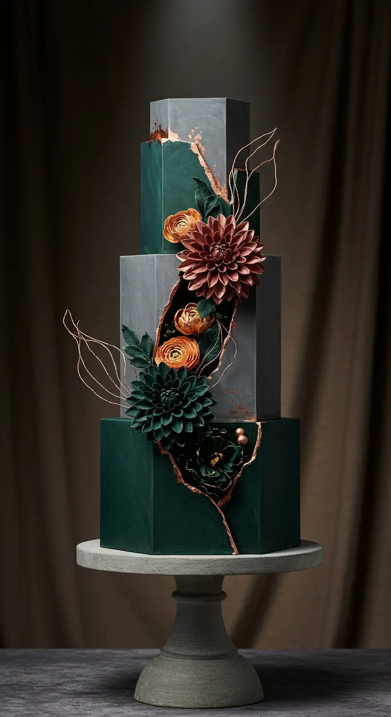Geometrische, mehrstöckige Torte in Grün und Grau mit goldener Bruchlinie und Blumen.