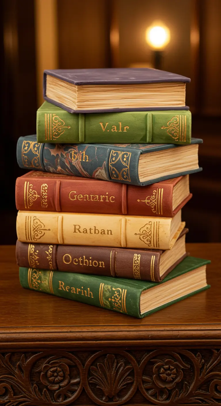 Stapel von fünf verschiedenfarbigen Torten in Buchform mit verzierten Buchrücken.