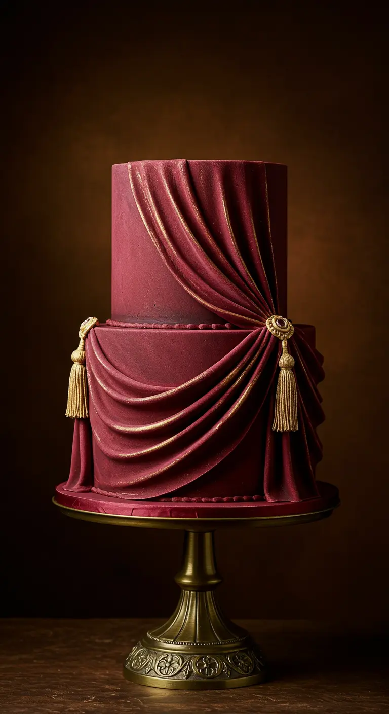 Burgunderrote zweistöckige Torte, drapiert wie ein Samtvorhang mit Golddetails.