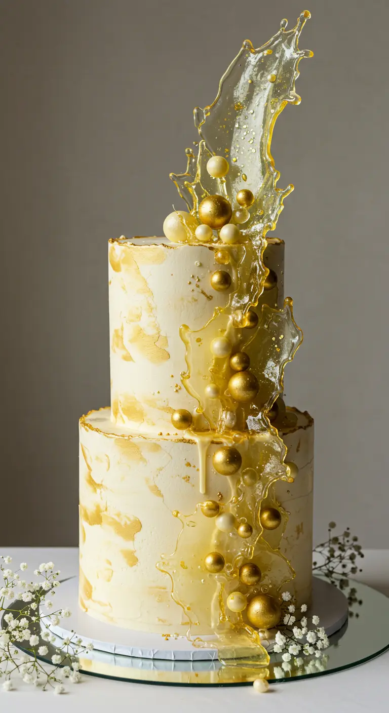 Zweistöckige weiße Hochzeitstorte mit goldenem Zuckerguss-Splash und goldenen Kugeln.