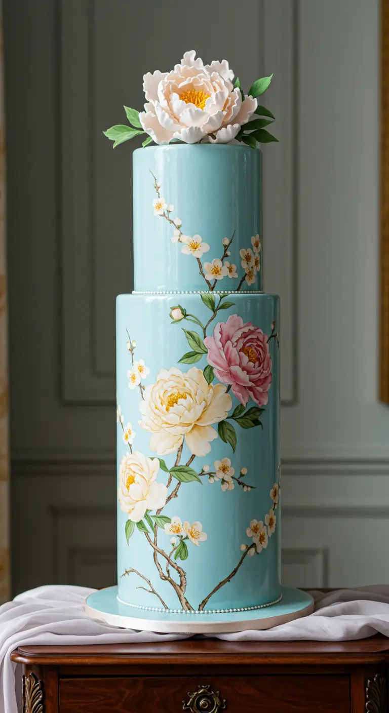Zweistöckige blaue Hochzeitstorte mit handgemalten Pfingstrosen und Kirschblüten im Chinoiserie-Stil.