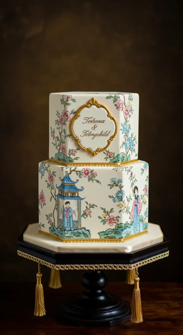 Hochzeitstorte mit Chinoiserie-Malerei und goldenem Namensschild.