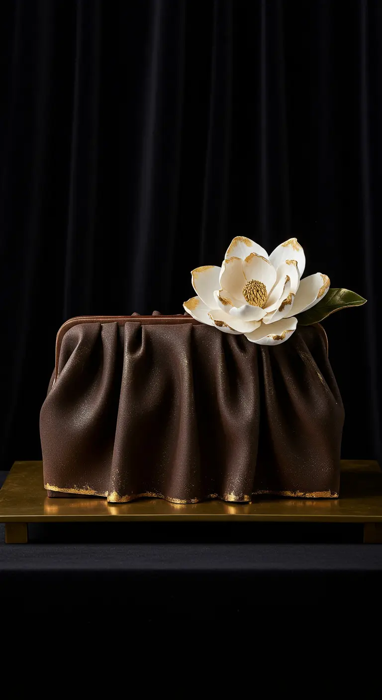 Schokoladentorte in Form einer plissierten Handtasche mit einer weißen Zuckerblume.
