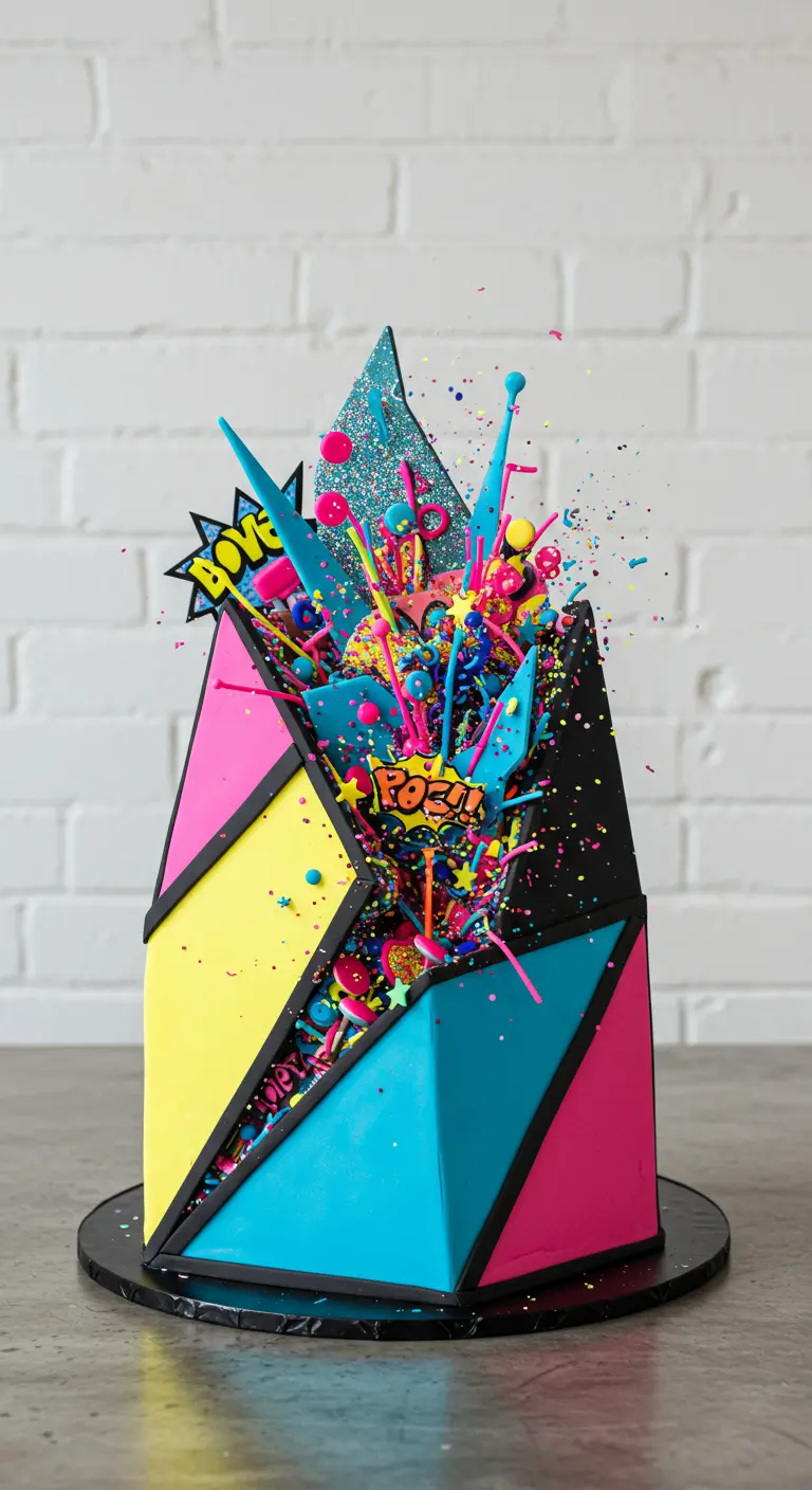 Abstrakte, geometrische Torte in Knallfarben mit Comic-Explosionseffekten und bunten Süßigkeiten.