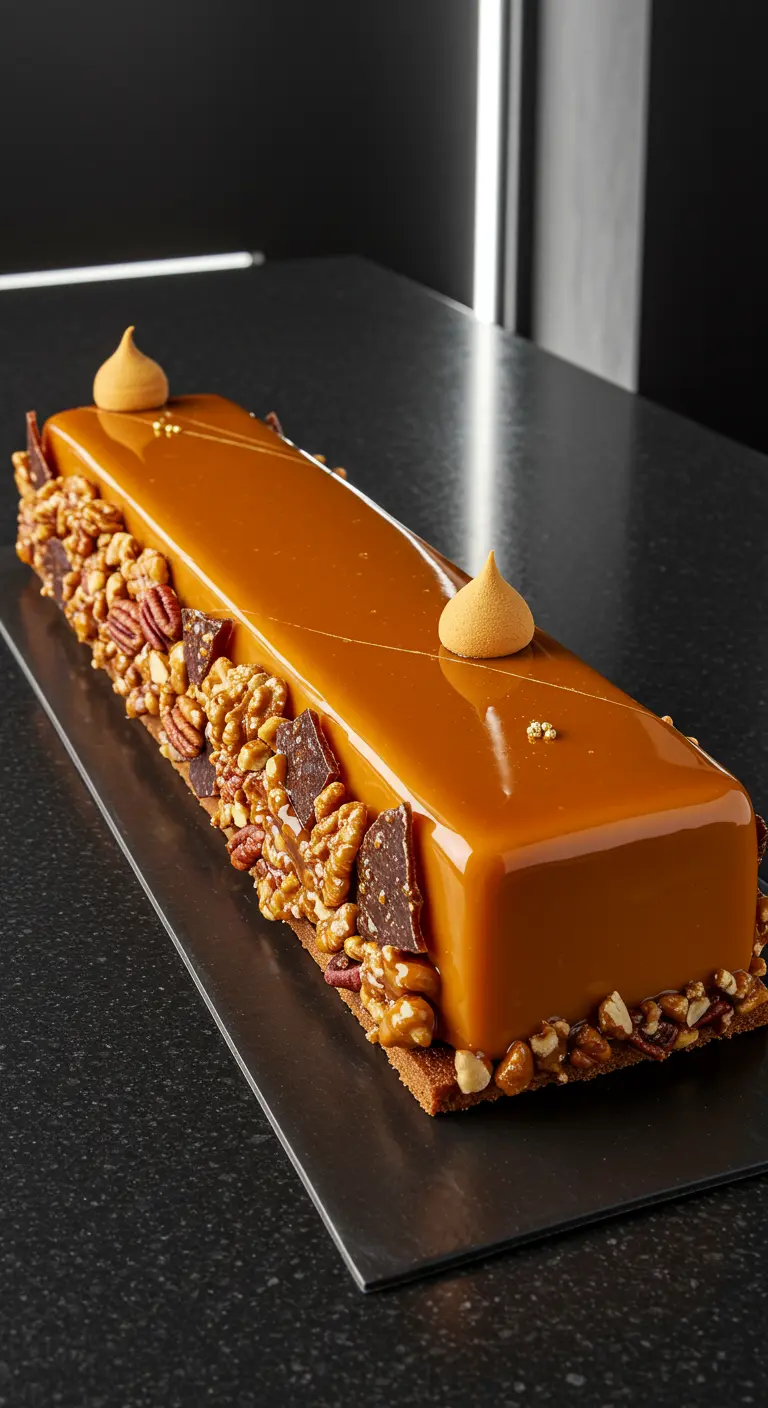 Längliche, glänzende Karamelltorte mit opulentem Nuss-Schoko-Crunch an den Seiten.