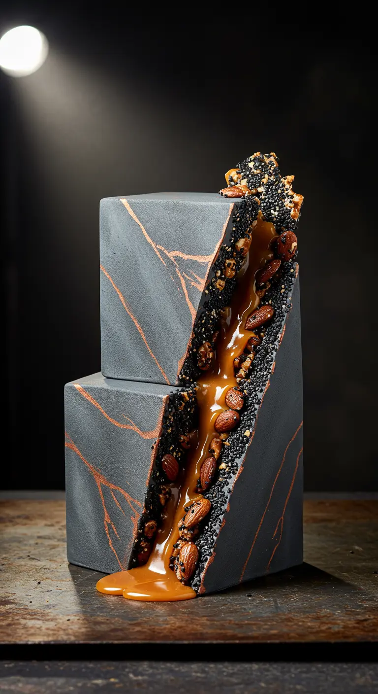Zweistöckige graue Torte, aufgeschnitten mit herausfließendem Karamell und Nüssen.