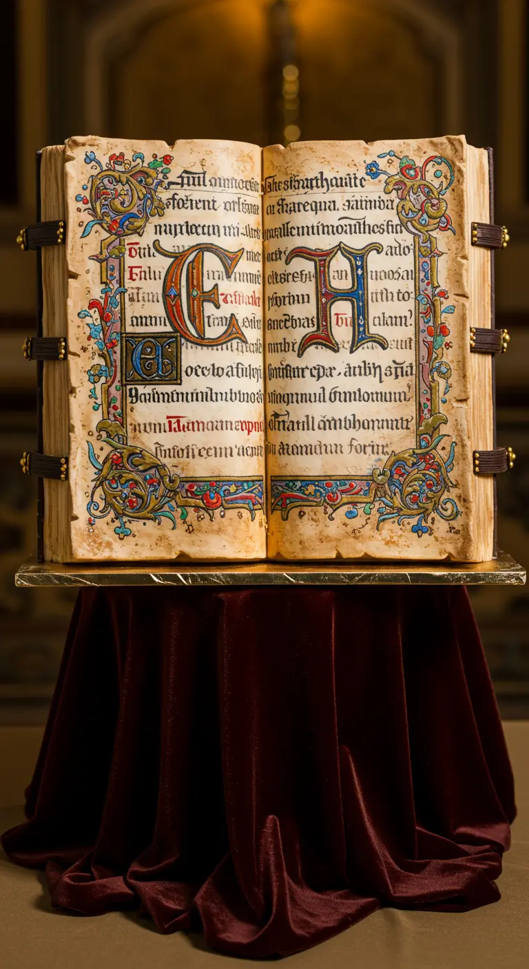 Torte in Form eines aufgeschlagenen antiken Buches mit verzierter Schrift.