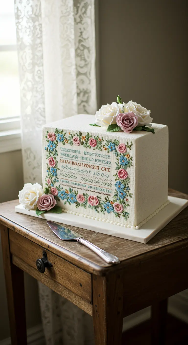 Quadratische Hochzeitstorte, die wie ein gesticktes Mustertuch mit Blumen und Schrift aussieht.