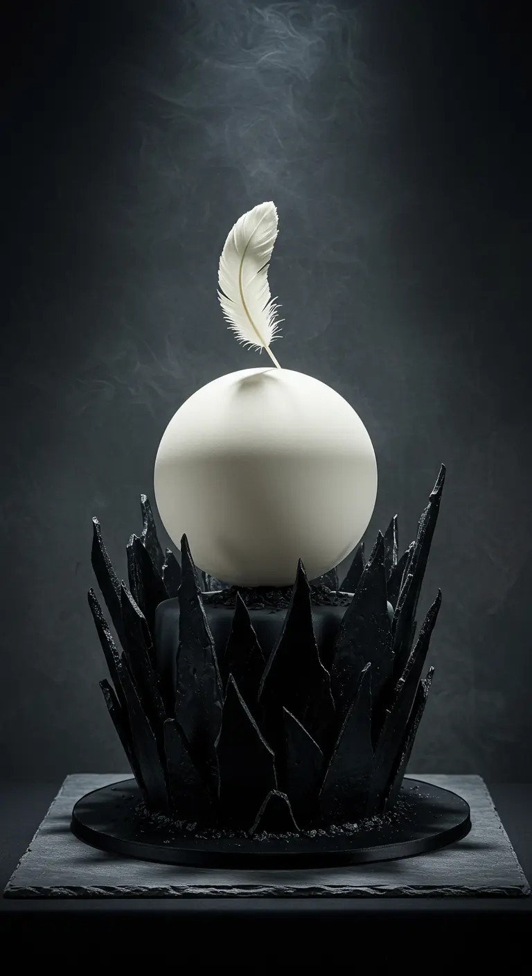 Schwarze Torte mit kristallartigen Spitzen, darauf eine weiße, eiförmige Torte mit einer weißen Feder.