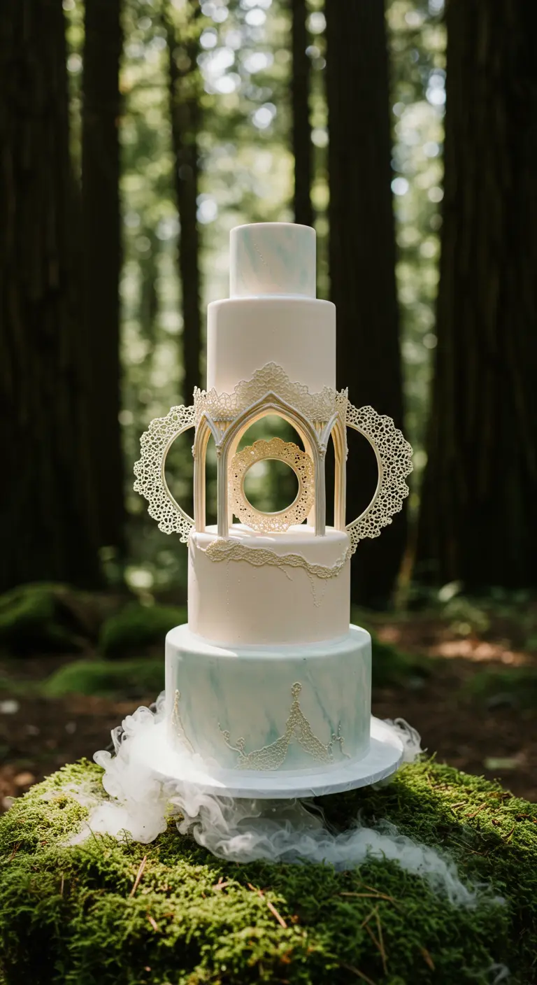 Hohe Hochzeitstorte im Wald, bei der ein architektonisches Spitzenelement eine Etage ersetzt.