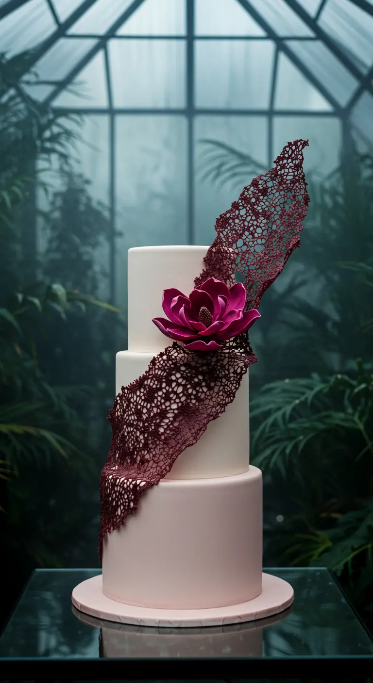Moderne Hochzeitstorte mit einem dramatischen, burgunderroten Spitzensegel und einer großen Zuckerblume.