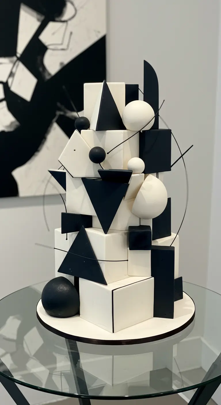 Abstrakte Hochzeitstorte aus versetzt gestapelten weißen geometrischen Formen mit schwarzen Akzenten.