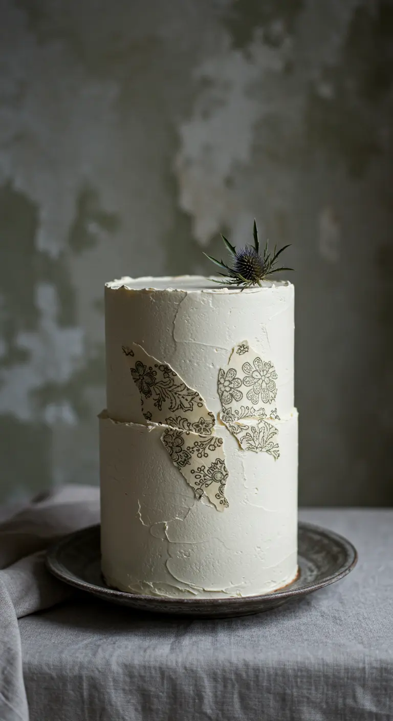 Rustikale, zweistöckige Buttercremetorte mit zerrissenen Stücken von bedrucktem Spitzen-Esspapier.
