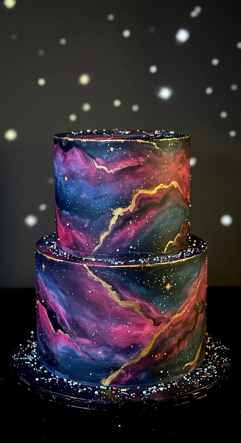 Zweistöckige Torte mit einem handgemalten, farbenfrohen Galaxien-Nebel-Muster und Goldakzenten.