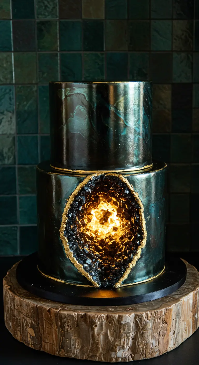 Dunkelgrüne, metallische Torte mit einer leuchtenden Geode aus Zuckerkristallen in der Mitte.