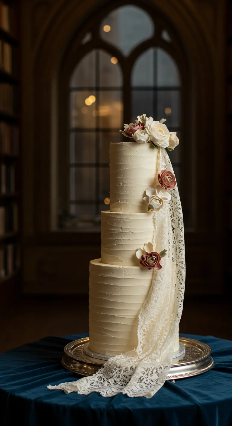 Dreistöckige Buttercremetorte, dekoriert mit einem echten Spitzenschleier und dezenten Rosen.