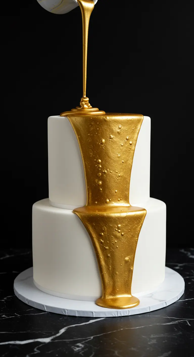 Zweistöckige weiße Torte mit einem dicken, glänzenden Gold-Drip, der herunterfließt.