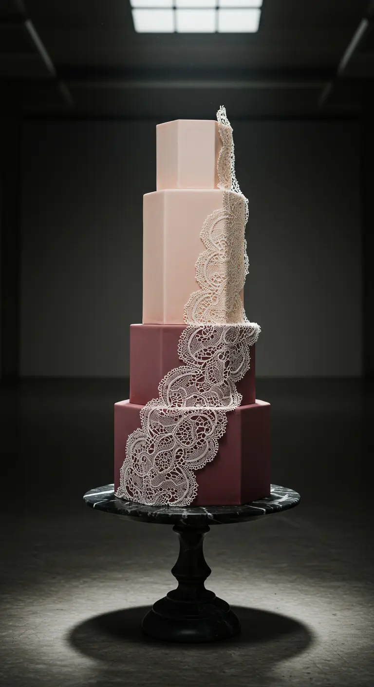Moderne, mehrstöckige Hochzeitstorte in Altrosa mit asymmetrisch platziertem Spitzendekor.