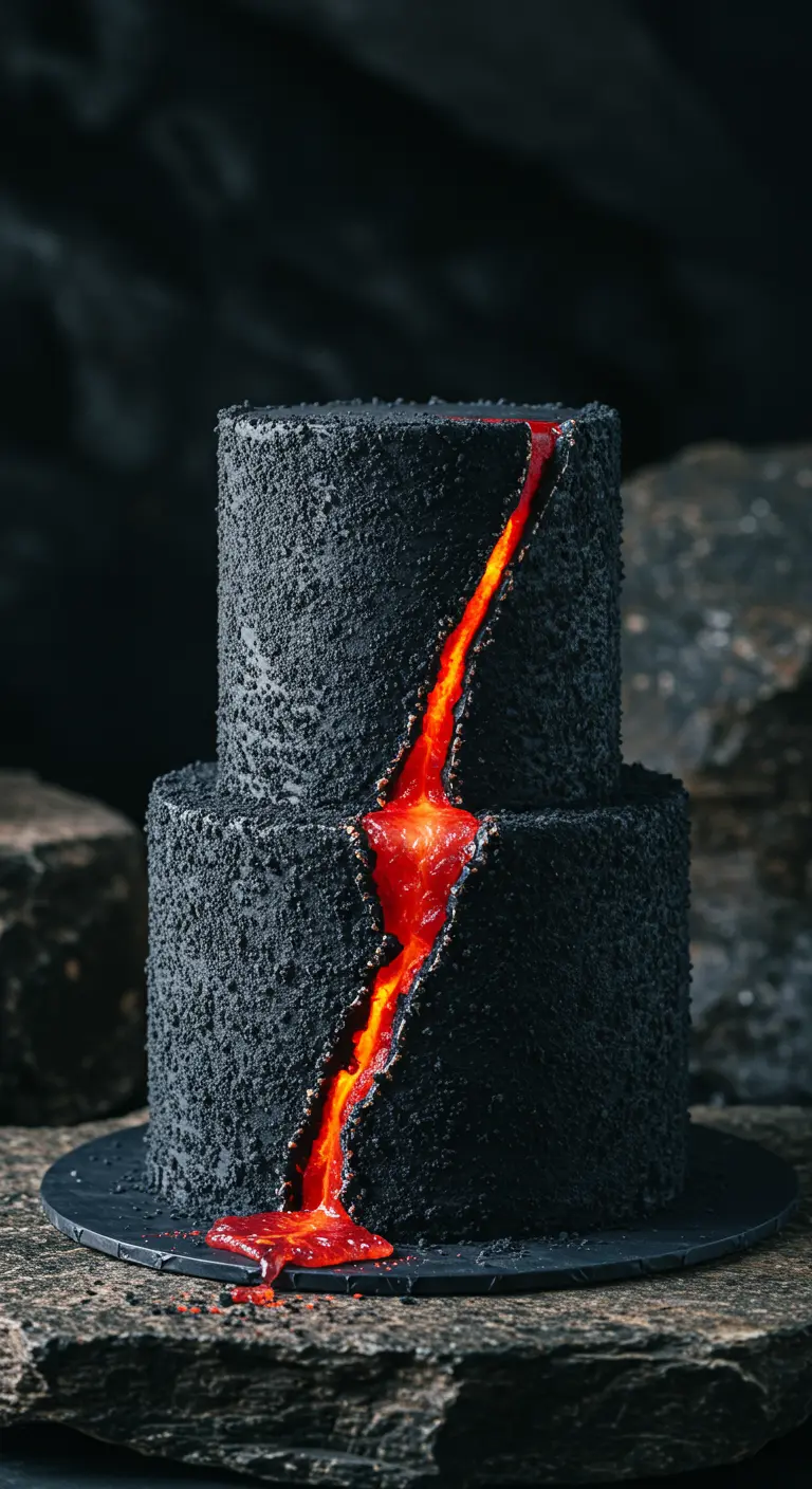 Schwarze, zweistöckige Torte mit rauer Felsentextur und einem glühenden Riss voller Lava.