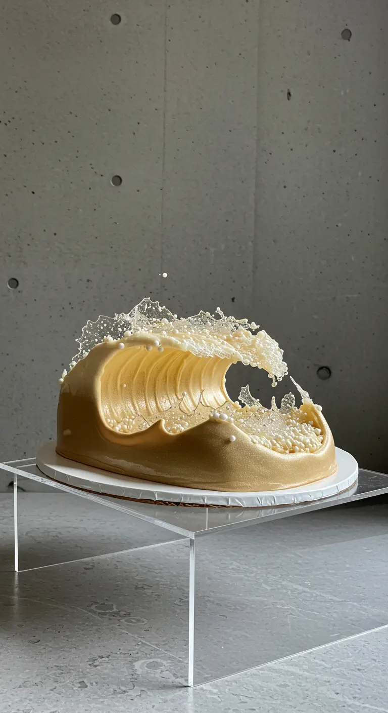 Goldene Torte in Wellenform mit weißen Zuckerperlen-Spritzern.