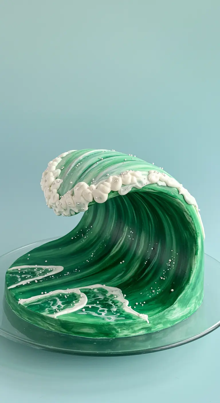 Torte in Form einer grünen Welle mit weißem Schaum und silbernen Perlen.