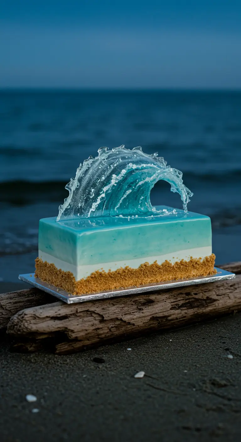 Rechteckige, blau-weiße Torte mit einer großen, durchsichtigen Zuckerwelle als Dekoration.