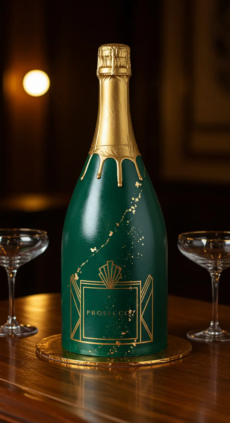 Torte in Form einer grünen Prosecco-Flasche mit goldenem Etikett und Details.