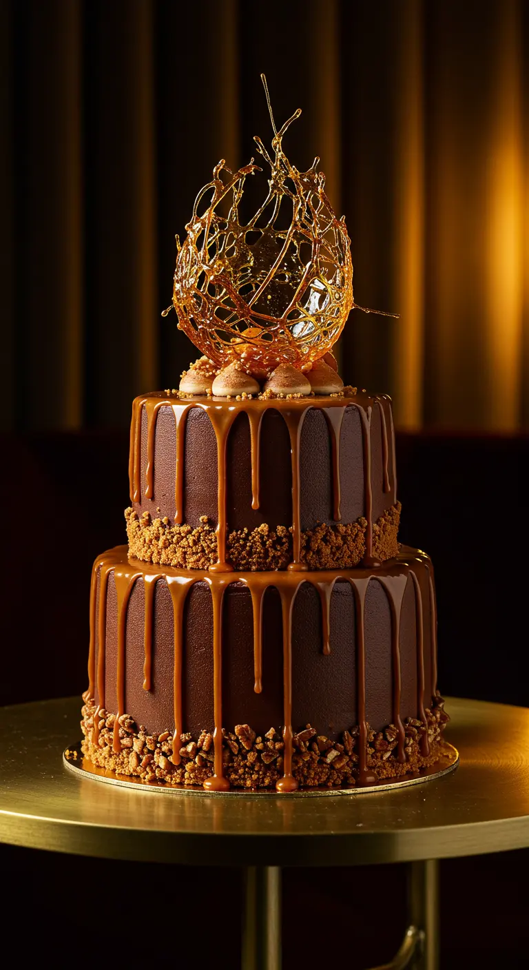 Zweistöckige Schoko-Karamelltorte mit Drip und kunstvoller Zuckerspirale.