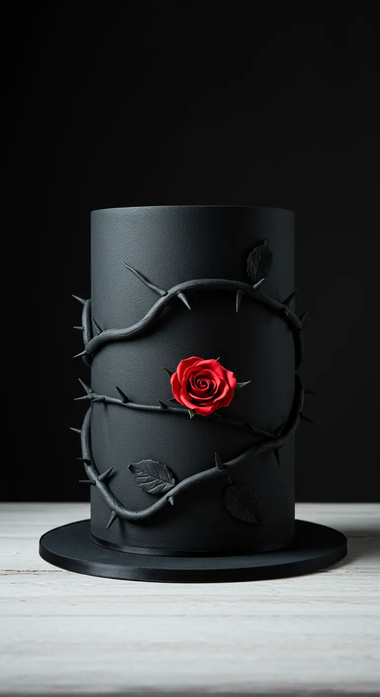 Schwarze zylindrische Torte mit schwarzen Dornenranken und einer einzelnen roten Rose.